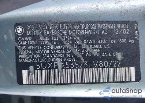 2003 BMW X5 3.0I из США, поврежденный, VIN 5UXFA53523LV80722